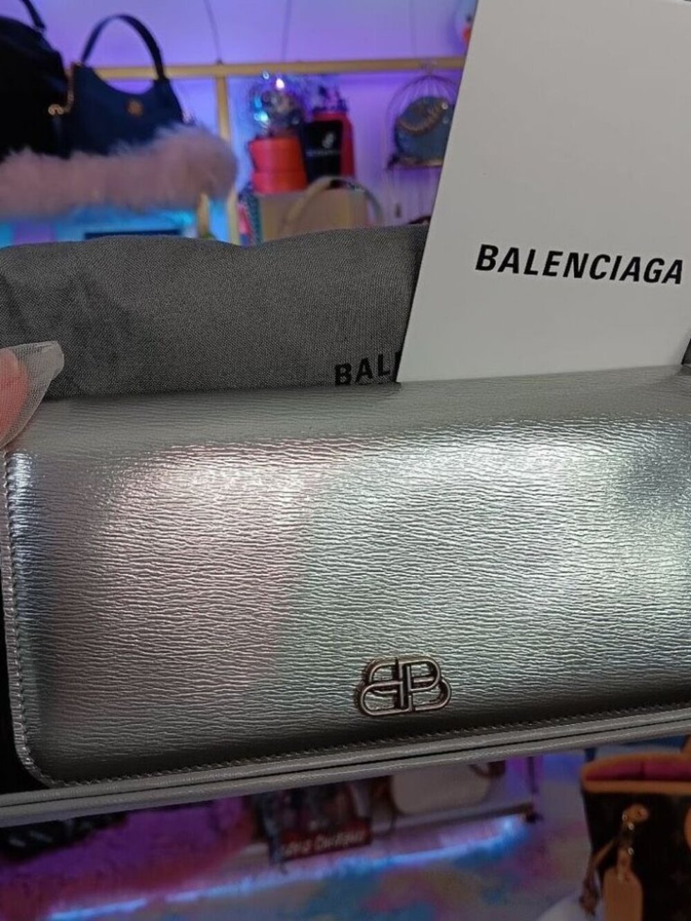 Balenciaga Chrome Silver Leather Large Size Bi-Fold Snap Wallet Men’s Women’s Fu